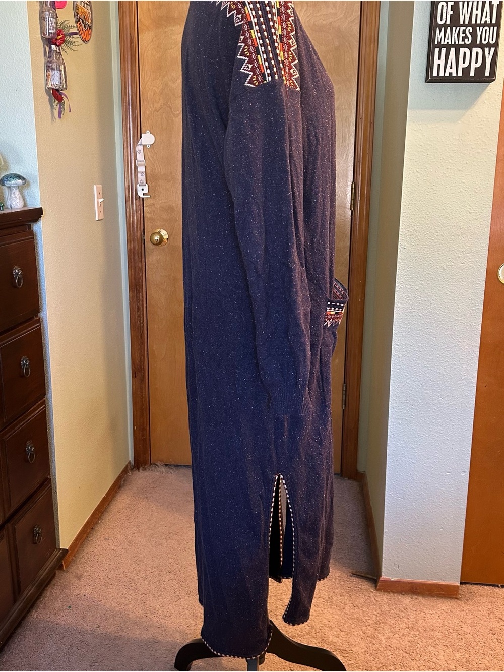 Soft Surroundings navy blue with aztec trim long open front duster cardigan - Picture 2 of 8